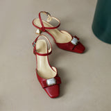 Nude Wide Fit Block Heels Genuine Leather Retro Bow Sandals