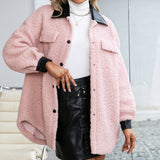 Women Sherpa Jacket Little Teddy Lapel Cardigan Plush Pu Long Single-Breasted Trench Coat