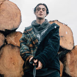 Mens Flannel Jacket Men's Pocket Autumn and Winter Loose Thickened Hooded Jacket