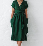 Work Dresses with Pockets Women's V-neck Short Sleeve Pocket Solid Color Dress