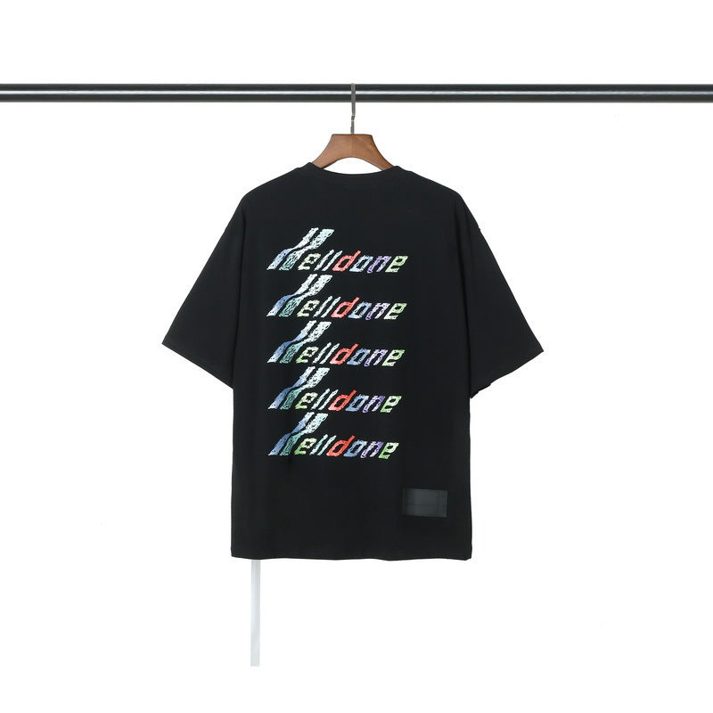We11done T Shirt Color Printing Flower Loose-Fitting Casual round-Neck Men and Women Short Sleeve