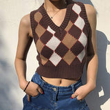 Preppy Aesthetic Outfits Women's Diamond Plaid Sleeveless Sweater Preppy Style Woolen Vest for Women
