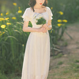 Women Cottagecore Dress French Style Puff Sleeve Waist-Tight Summer Snow Dress