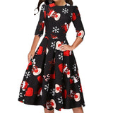 Work Dresses for Teachers Christmas Slimming Printed round Neck 3/4 Sleeves Large Swing Dress