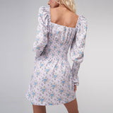 Women Autumn  Dresses Midi Dress Sexy Square-Neck Puff Sleeve Backless Skirt Dress