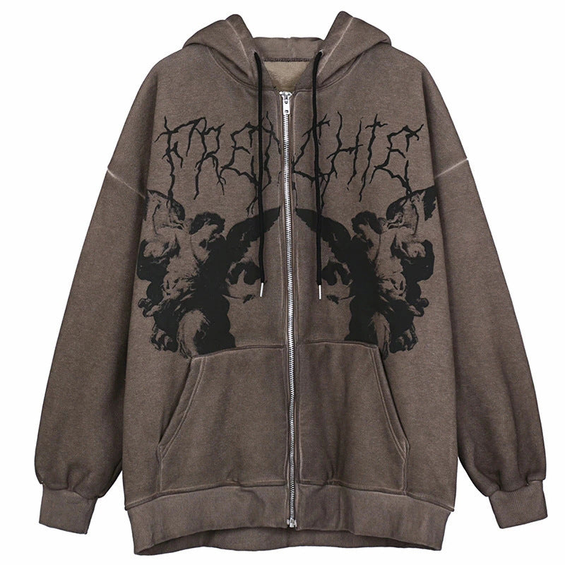 Skull Hoodie Loose Pockets Sweater Sports Zipper Cardigan Y2g Coat
