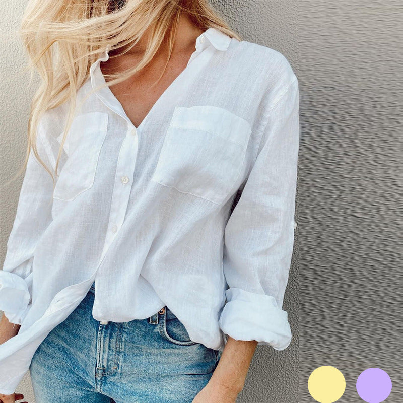 Women Bohemian Shirts Women's Summer Solid Color Long Sleeve Shirt Lapel Cotton