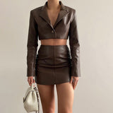 Women Top & Skirt 2 Piece Set Winter Lapel Single Breasted Coat Sheath Pu Skirt Casual Suit
