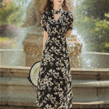 Women cottagecore Dress Summer French Vintage Dress V-neck Floral Black Dress Skirt