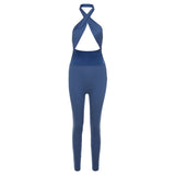 Summer women's sexy backless halter solid color high waist tight casual sports jumpsuit
