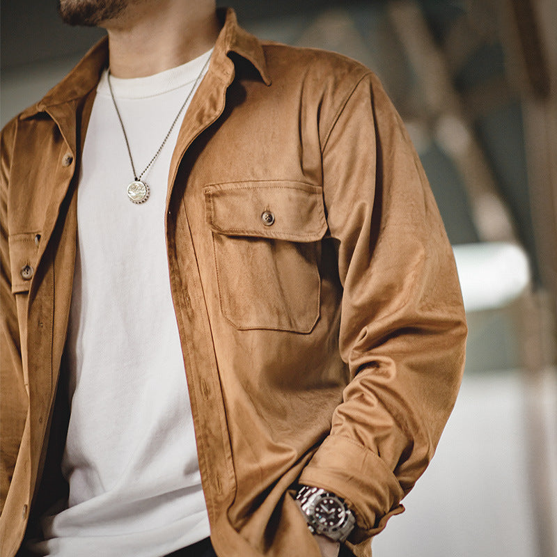 Work Shirts Vintage Pendant Long-Sleeved Shirt Spring and Autumn Khaki Washed Coat for Men