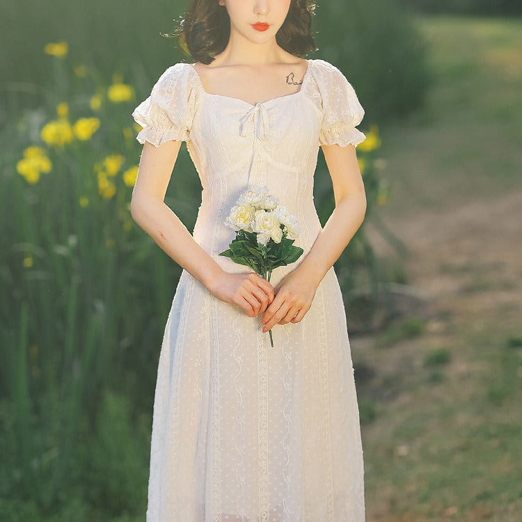 Women Cottagecore Dress French Style Puff Sleeve Waist-Tight Summer Snow Dress