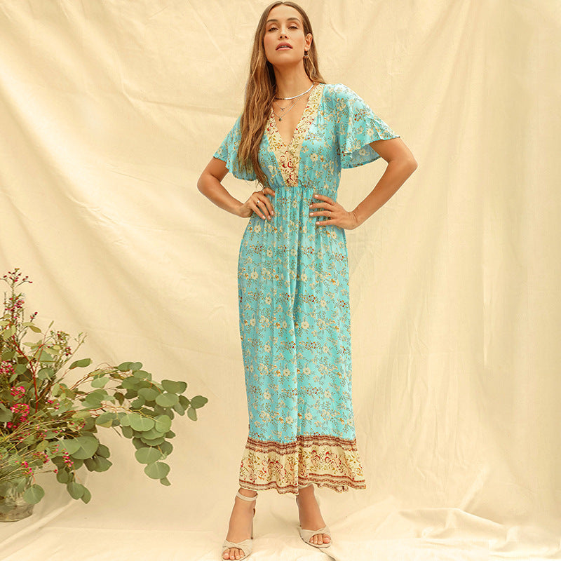 Beth Dutton Bohemian Dress Summer Spring Midi Dresses Short Sleeve V-neck Floral Dress