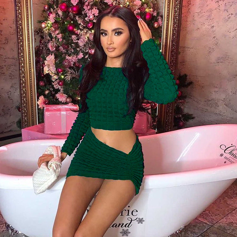Women Top & Skirt 2 Piece Set Spring/Summer round Neck Long Sleeve T-shirt Slim Fit Sheath Skirt Suit