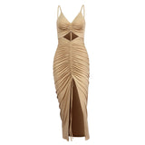Women Summer Dresses Midi Dress Season Sexy V-neck Pleating Hollow out Pleated Suspender Long Dress