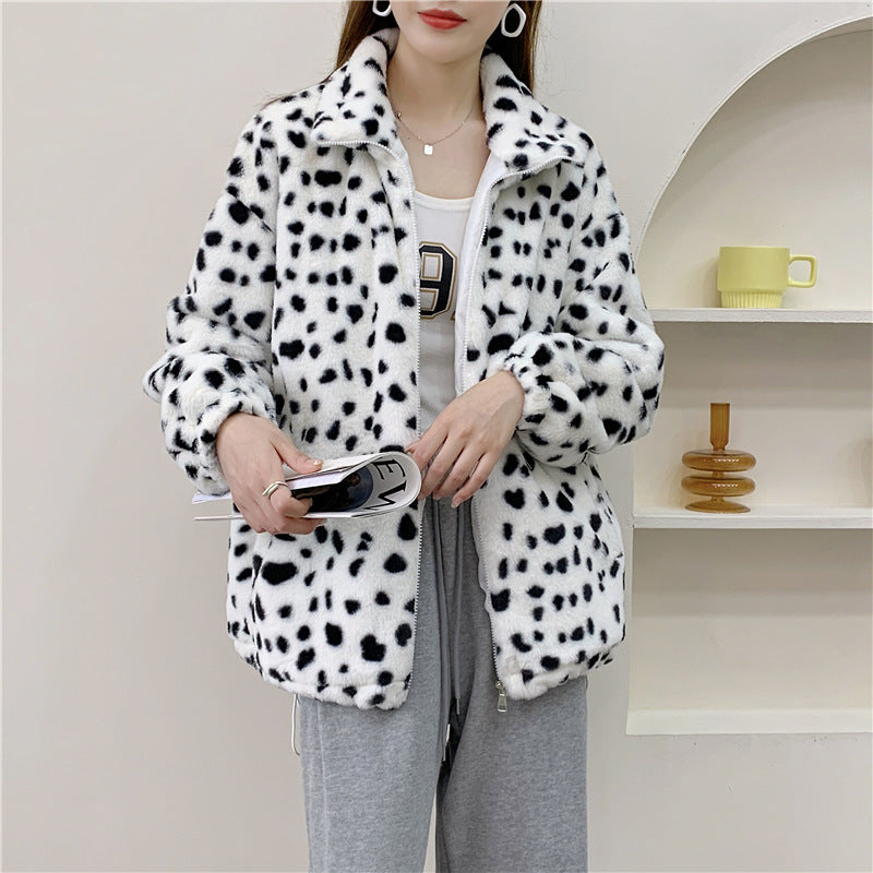 Women Dalmatian Coat Leopard Print Lamb Wool Coat Female Autumn And Winter Loose