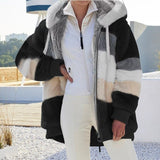 Women Sherpa Jacket Fall/Winter Warm Plush Patchwork Zipper Pocket Hooded Loose Coat Women