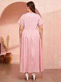 Women Plus Size Maxi Dresses Lace Patchwork Waist-Slimming Short Sleeve Dress