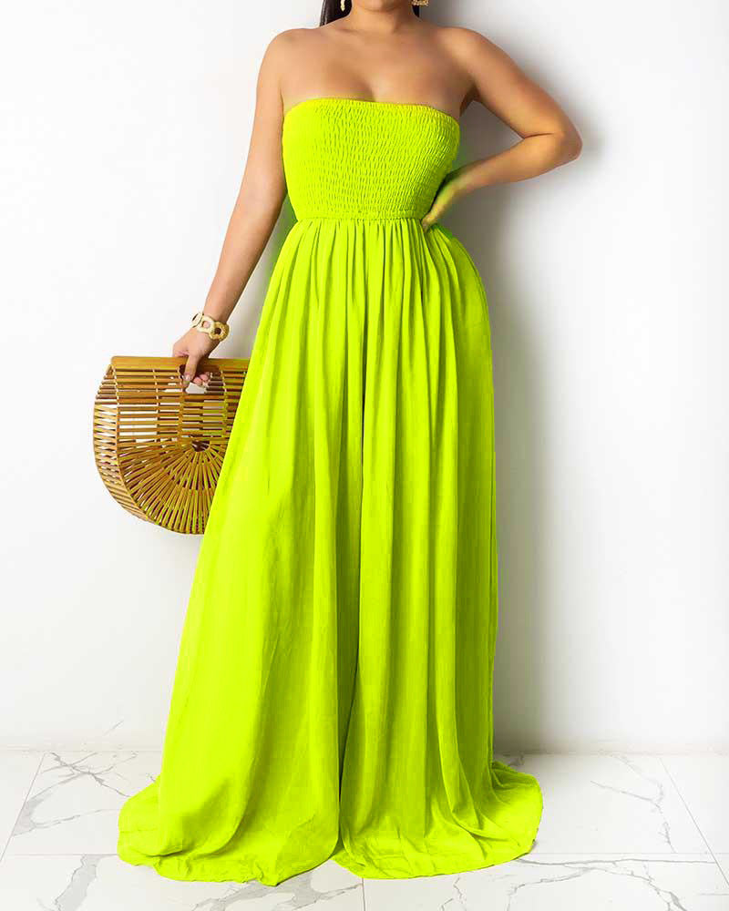 Women Plus Size Pants Wrapped Chest Solid Color Pocket Wide Leg Jumpsuit
