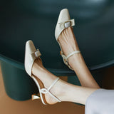 Nude Wide Fit Block Heels Genuine Leather Retro Bow Sandals