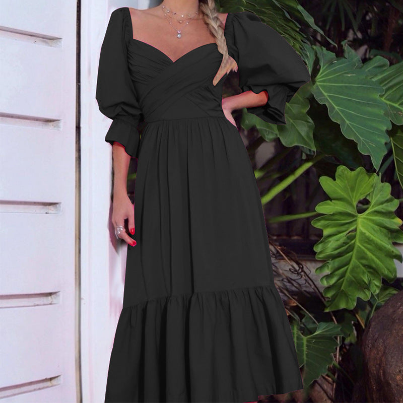 Women Bohemian Dress Autumn Solid Color Loose Long Dress