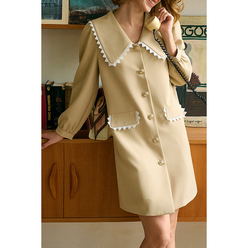 Work Dresses for Teachers Vintage Lace Trim Long Sleeve Dress Autumn