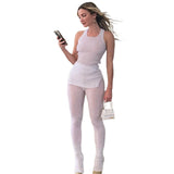Women Top & Pant 2 Piece Set Summer Split T-shirt See-through Trousers Casual Suit