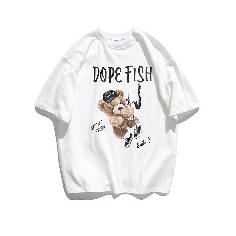 Men's T-shirt Summer Alphabet Cartoon Bear Printed Short-Sleeved T-shirt Men's Trendy Casual Loose Couple Tee
