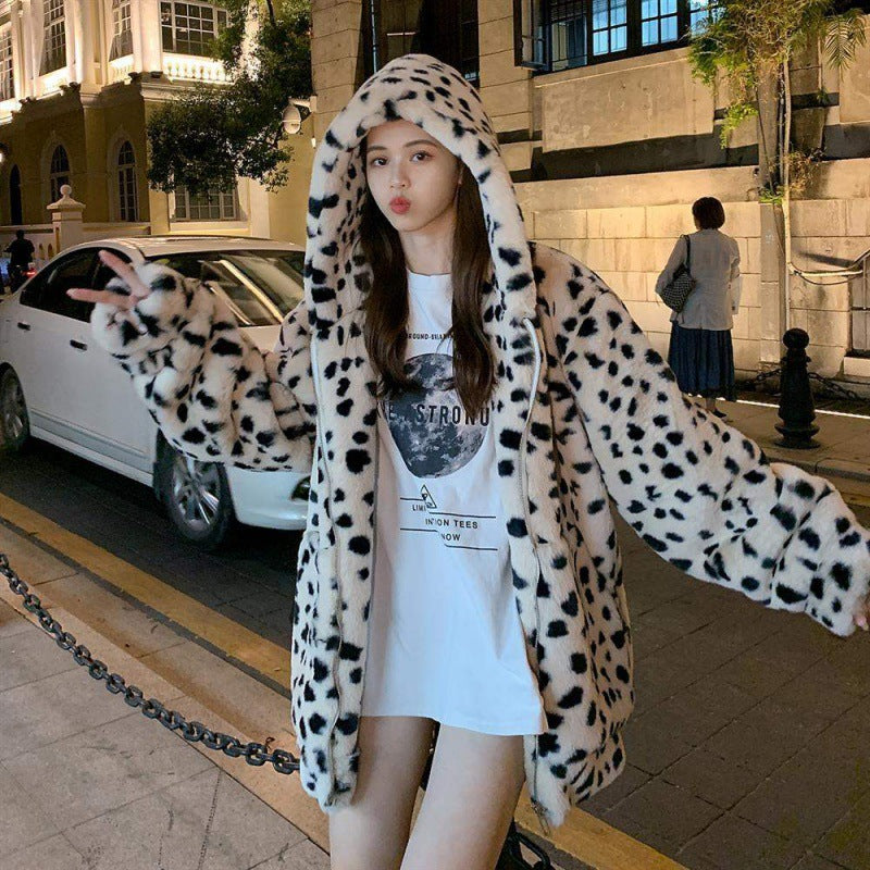 Women Dalmatian Coat Fluffy Leopard Thickened Coat for Women