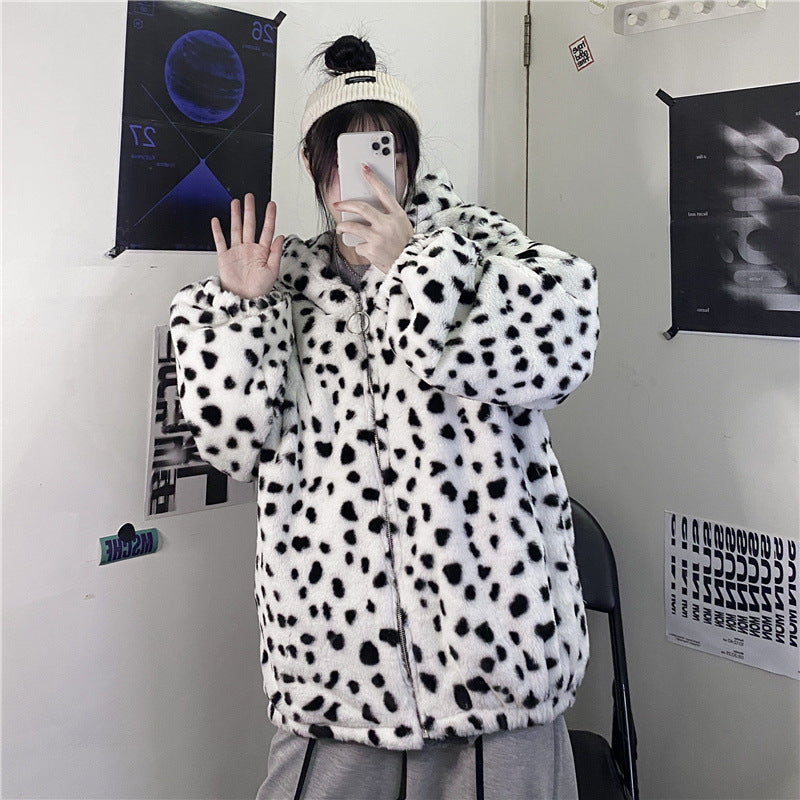 Women Dalmatian Coat Loose Furry Leopard Quilted Hooded Cotton Coat