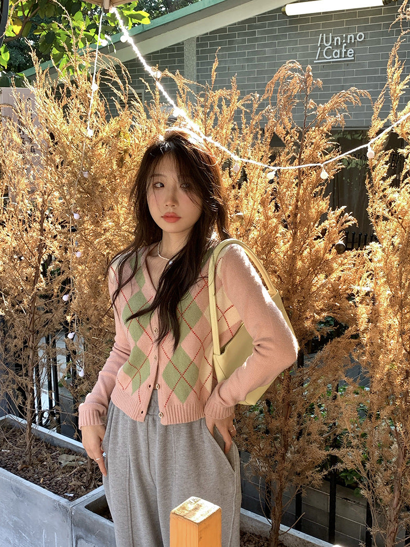 Preppy Aesthetic Outfits Rhombus Round Neck Single-Breasted Sweater
