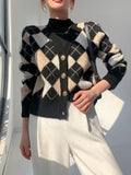 Preppy Aestitic Outfits Diamond Plaid Knitted Cardigan