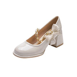 Nude Pumps Block Heel Mary Jane Women's Shoes Bow Thick Heel Leather Shoes