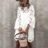 Beth Dutton Bohemian Dress Summer Spring Mini Dresses Summer round Neck Lace Flared Sleeve Ruffle Dress