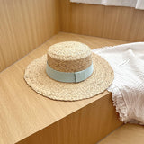 Straw Hat Raffia Flat-Top Cap Summer Sun Protection for Children Beach Straw Hat
