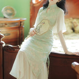 Women cottagecore Dress Vintage Embroidered Cheongsam Dress Midi Dress Summer