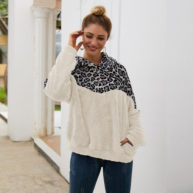 Women Sherpa Jacket Leopard Splicing Long-Sleeved Hooded Sweater Autumn and Winter Double-Sided Plush Top