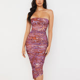 Women Summer Dresses Midi Dress Party Sexy Double-Layer Mesh Printed Pleated Tube Top Midi Dress