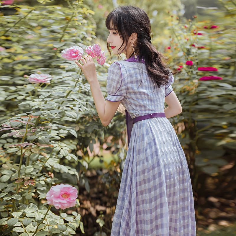Women Cottagecore Dress Purple Checks Dress