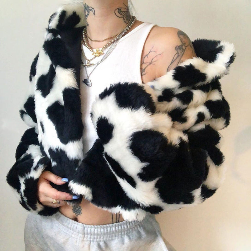 Women Dalmatian Coat Autumn and Winter Cows Pattern Plush Loose High Collar Women
