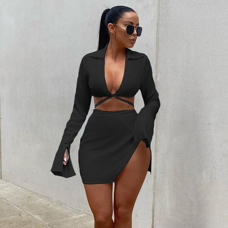 Women Top & Skirt 2 Piece Set Autumn and Winter Long Sleeve Cardigan Sexy Slit Sheath Skirt Suit