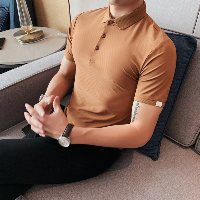 Men Polo Shirts Slim-Fit Stretch Striped Lapel T-shirt Men's Top