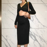 Women Top & Skirt 2 Piece Set Winter Long Sleeve V-neck Midriff-Baring T-shirt Split Skirt Suit