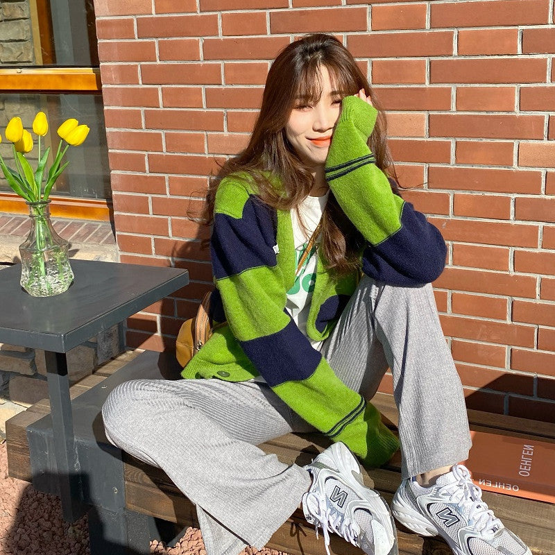 Preppy Aesthetic Outfits V-neck Striped Sweater Coat Women Autumn Cardigan Long Sleeve Top