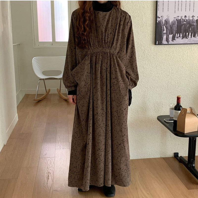 Work Dresses with Pockets Autumn Winter Retro Tea Print Dress for Women