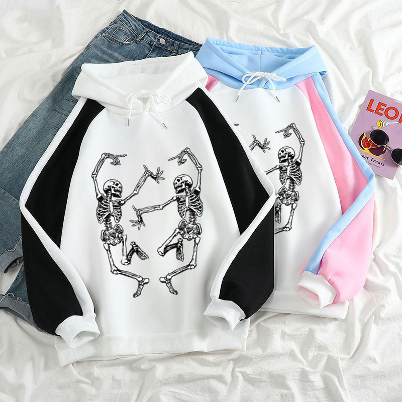 Skeleton Hoodie Dancing Bones Casual plus Size Loose Top Contrast Color Hoodie Women