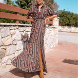 Women Bohemian Dress Spring and Summer Long Sleeves Lapel Print Dress