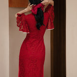 Women cottagecore Dress Bride Summer Red Marriage Engagement Female Lace