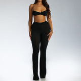 Women Top & Pant 2 Piece Set Summer Backless Underwaist High Waist Sheath Straight-Leg Trousers Casual Suit