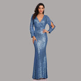 Mariah Carey See through Dress Solid Color plus Size Long Sleeve Sequined Fishtail Evening Dress